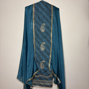 Dark Blue With Floral Net Dupatta
